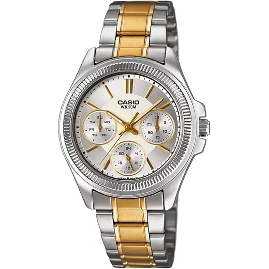 Casio A937 Enticer Women’s Quartz Analog Watch with White Dial, Two-Tone Silver & Rose-Gold Stainless Steel Strap