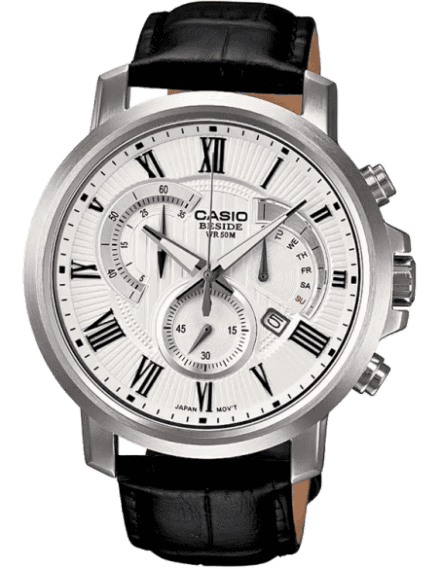 Casio BS122 Enticer Men’s Quartz Analog Watch with White Dial, Black Leather Strap