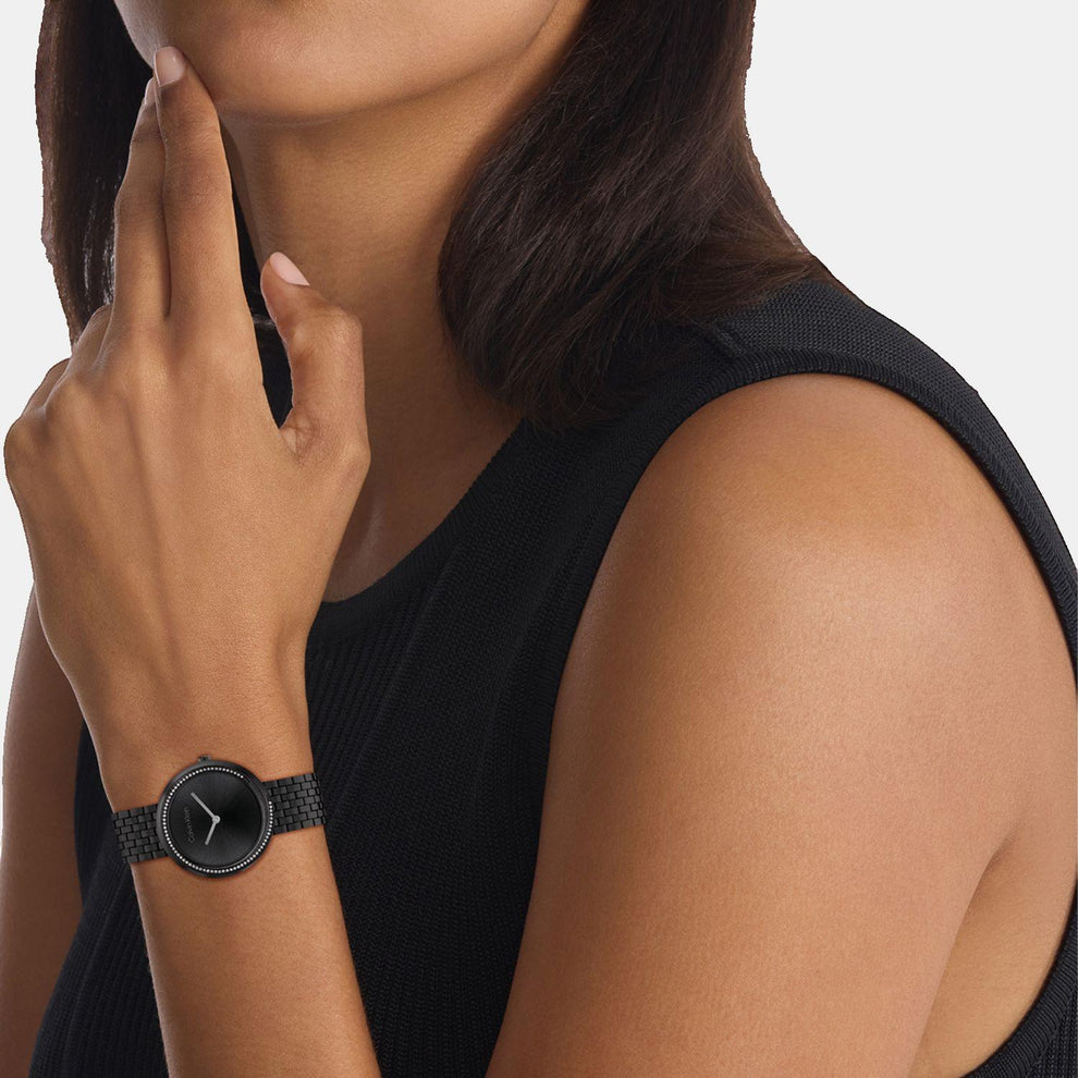 Calvin Klein 25100039 Twisted Bezel Women’s Quartz Analog Watch with Black Dial, Black Stainless Steel Strap