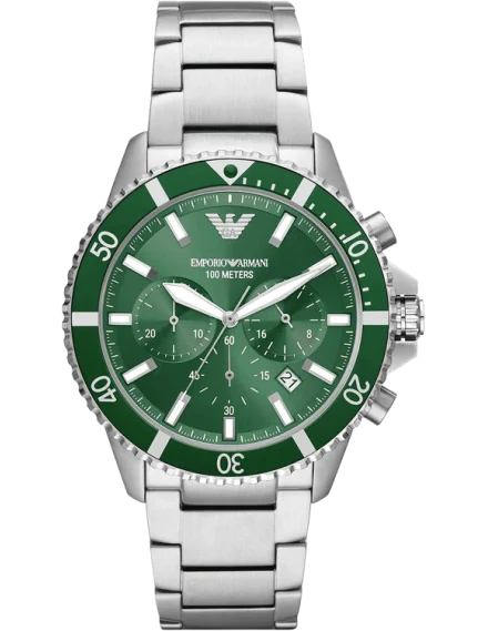 Emporio Armani AR11500 Men's Green Dial Silver Stainless Steel Chronograph Quartz Watch 43mm | Luxury Designer Watch
