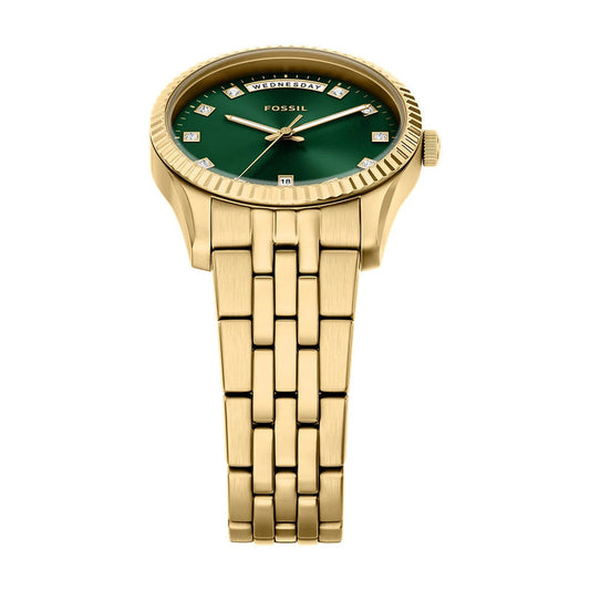 Fossil ES5460I Women's Quartz Day-Date Watch Green Dial Gold Stainless Steel Strap