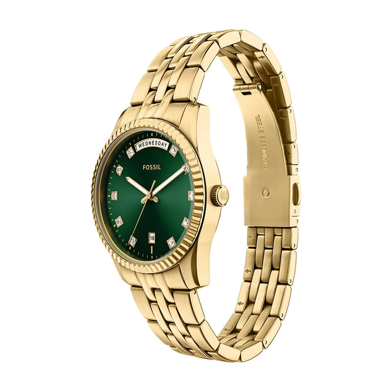 Fossil ES5460I Women's Quartz Day-Date Watch Green Dial Gold Stainless Steel Strap