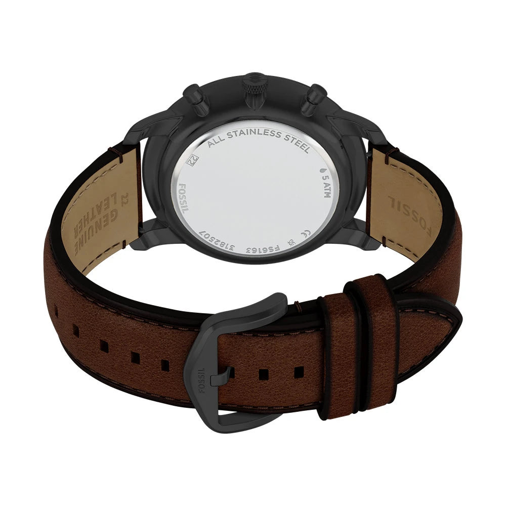 Fossil FS6163I Men's Quartz Chronograph Watch Black Dial Brown Leather Strap