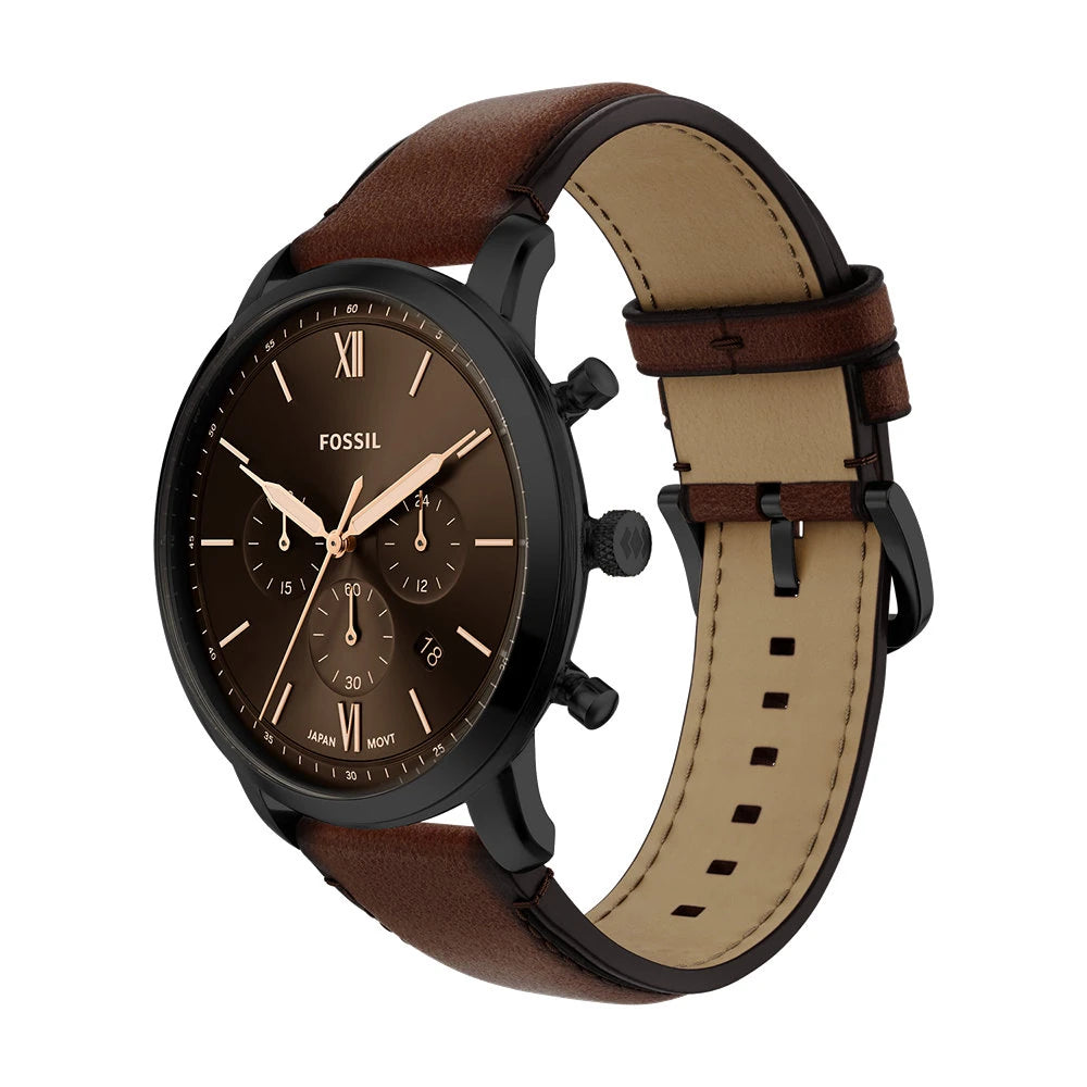 Fossil FS6163I Men's Quartz Chronograph Watch Black Dial Brown Leather Strap