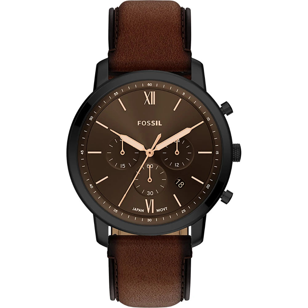 Fossil FS6163I Men's Quartz Chronograph Watch Black Dial Brown Leather Strap