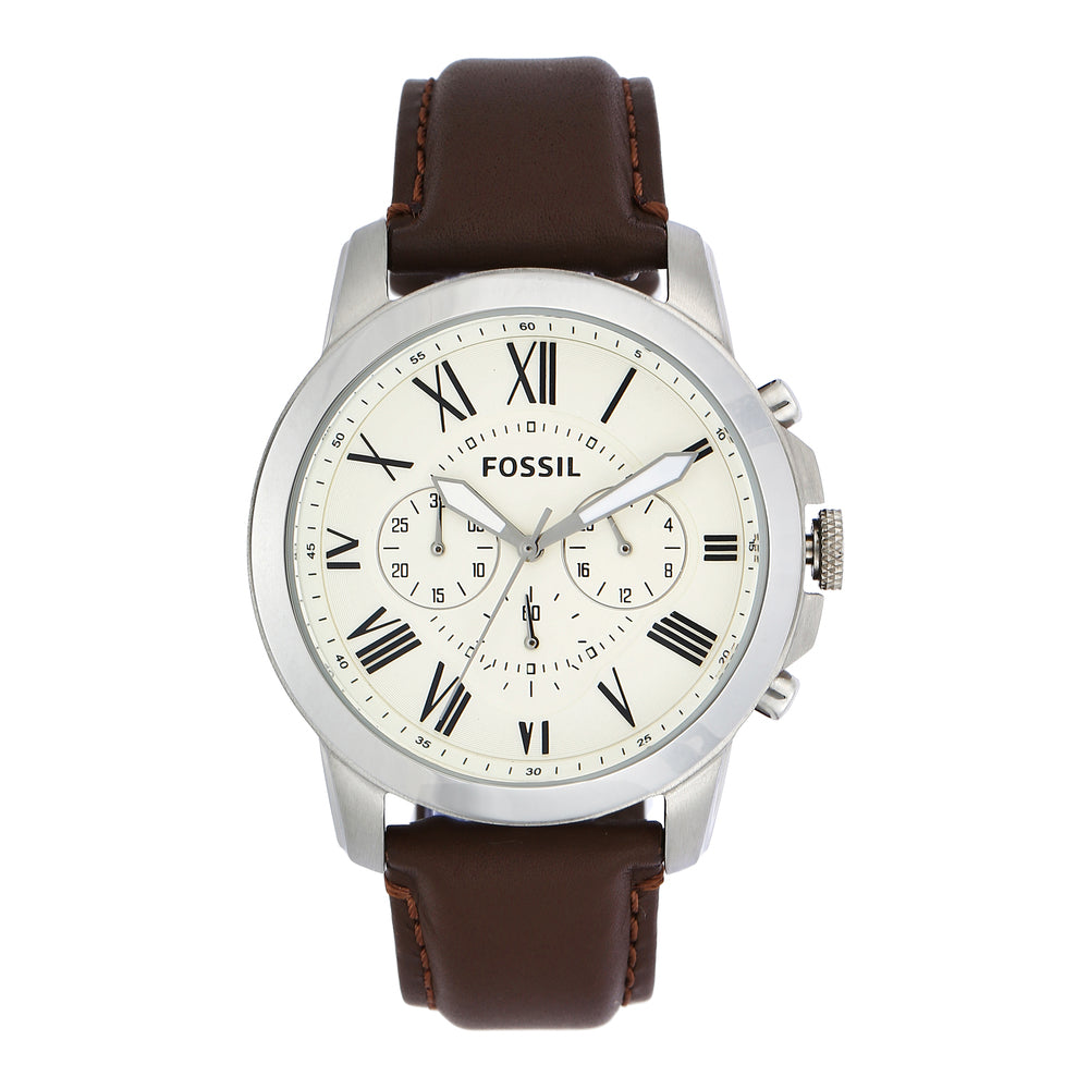 Fossil FS4735I Men's Quartz Chronograph Watch Cream Dial Brown Leather Strap