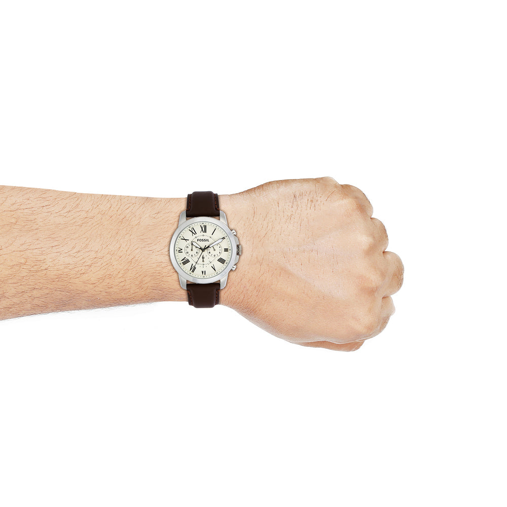 Fossil FS4735I Men's Quartz Chronograph Watch Cream Dial Brown Leather Strap