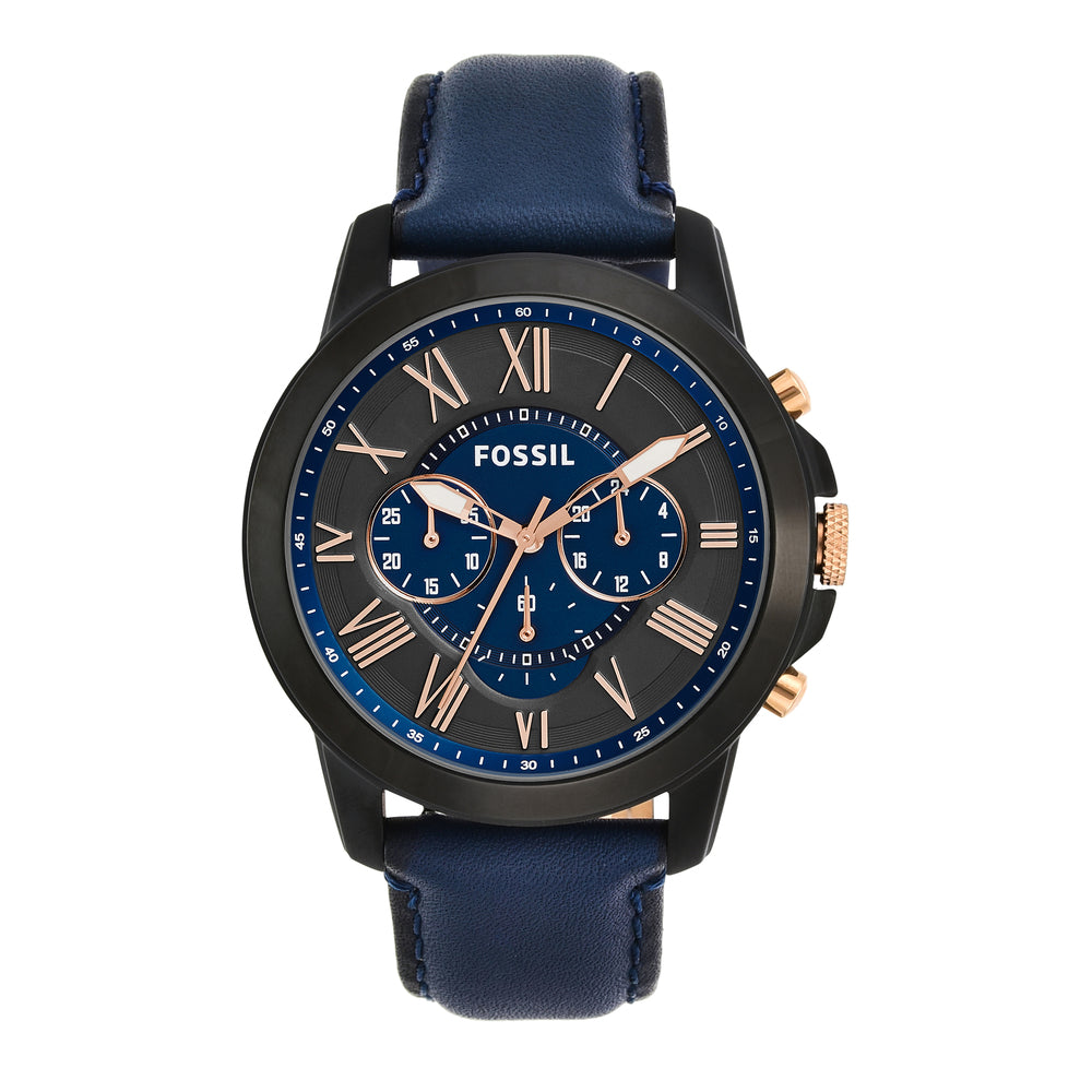 Fossil FS5061I Men's Quartz Chronograph Watch Black Dial Blue Leather Strap