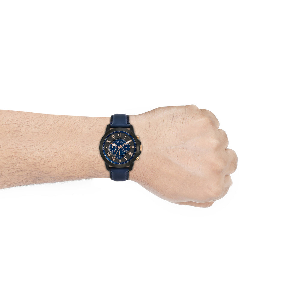 Fossil FS5061I Men's Quartz Chronograph Watch Black Dial Blue Leather Strap