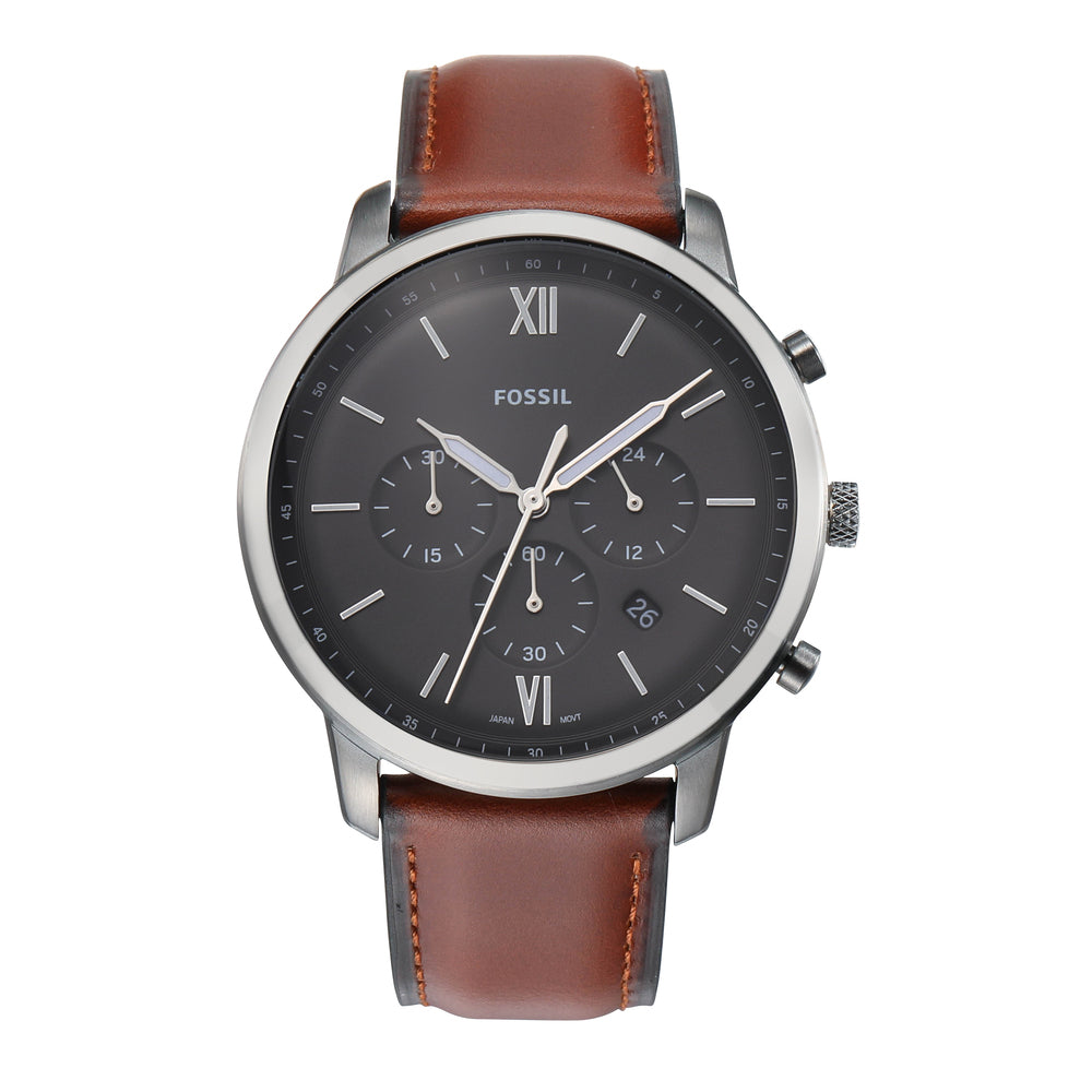 Fossil FS5512I Men's Quartz Chronograph Watch Grey Dial Brown Leather Strap