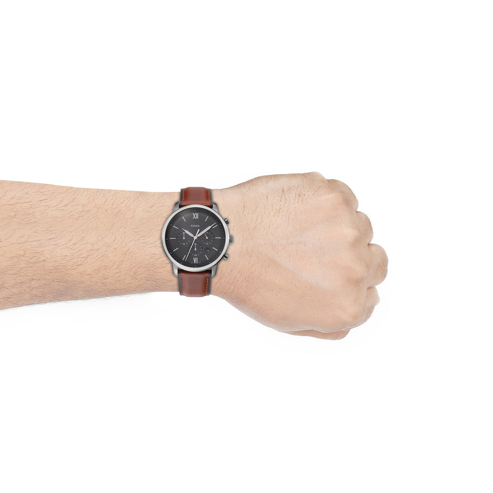 Fossil FS5512I Men's Quartz Chronograph Watch Grey Dial Brown Leather Strap