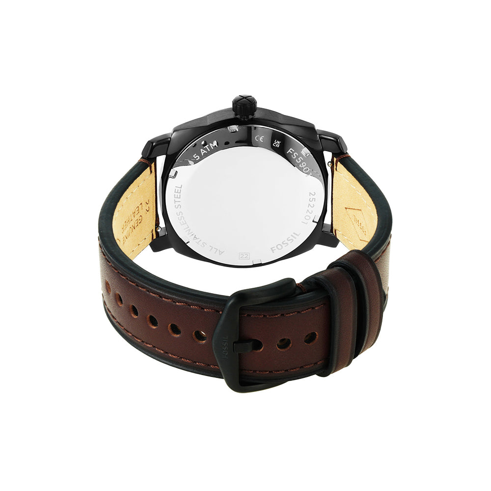Fossil FS5901 Men's Quartz Analog Watch Black Dial Brown Leather Strap