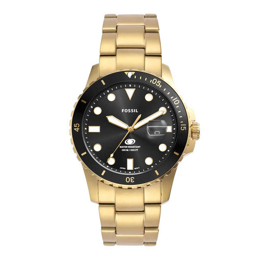 Fossil FS6035I Men's Quartz Dive Watch Black Dial Gold Stainless Steel Strap