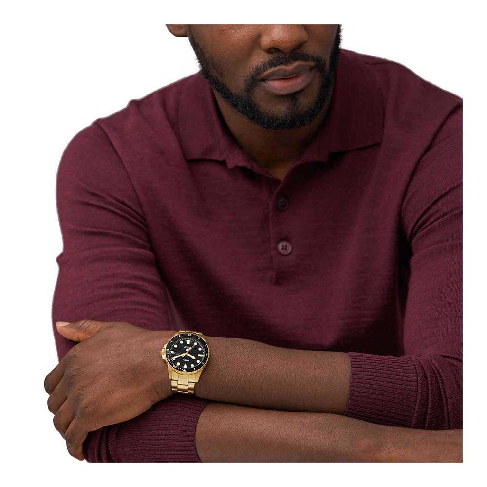 Fossil FS6035I Men's Quartz Dive Watch Black Dial Gold Stainless Steel Strap