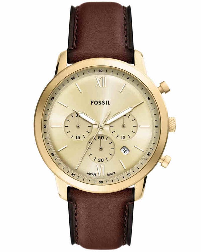 Fossil FS6113I Men's Quartz Chronograph Watch Gold Dial Brown Leather Strap