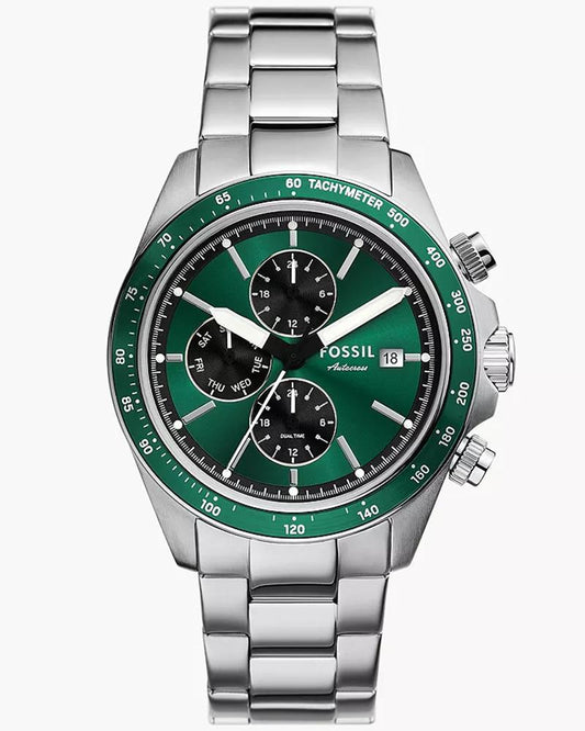 Fossil FS6127I Men's Quartz Multifunction Watch Green Dial Silver Stainless Steel Strap