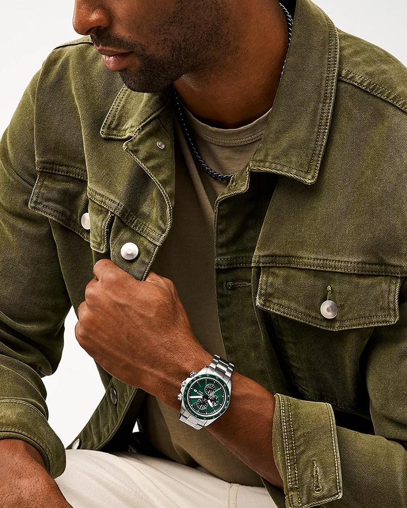 Fossil FS6127I Men's Quartz Multifunction Watch Green Dial Silver Stainless Steel Strap