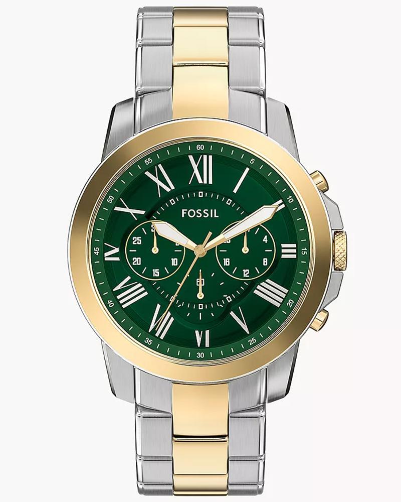 Fossil FS6131 Men's Quartz Chronograph Watch Green Dial Two-Tone Stainless Steel Strap