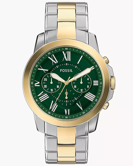 Fossil FS6131 Men's Quartz Chronograph Watch Green Dial Two-Tone Stainless Steel Strap