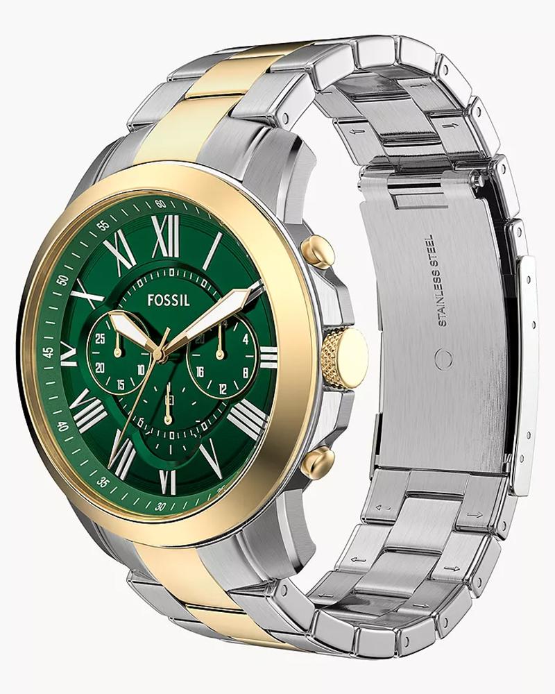 Fossil FS6131 Men's Quartz Chronograph Watch Green Dial Two-Tone Stainless Steel Strap