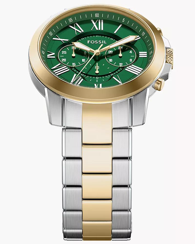 Fossil FS6131 Men's Quartz Chronograph Watch Green Dial Two-Tone Stainless Steel Strap
