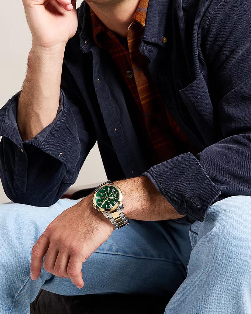 Fossil FS6131 Men's Quartz Chronograph Watch Green Dial Two-Tone Stainless Steel Strap