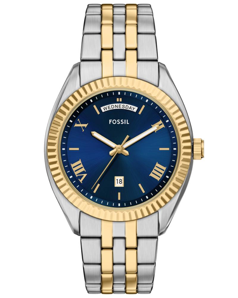 Fossil FS6141I Men's Quartz Day Date Watch Blue Dial Two-Tone Stainless Steel Strap