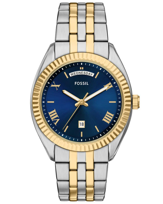 Fossil FS6141I Men's Quartz Day Date Watch Blue Dial Two-Tone Stainless Steel Strap