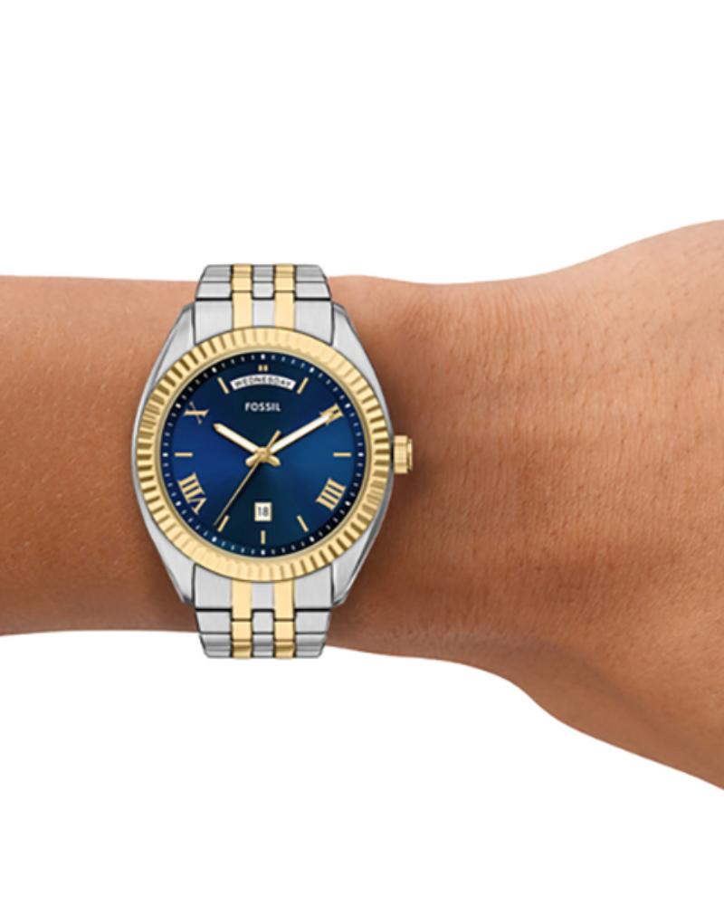 Fossil FS6141I Men's Quartz Day Date Watch Blue Dial Two-Tone Stainless Steel Strap
