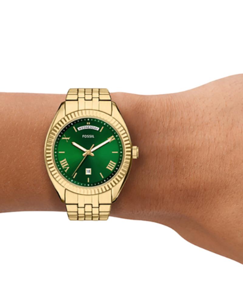 Fossil FS6142I Men's Quartz Day Date Watch Green Dial Gold Stainless Steel Strap