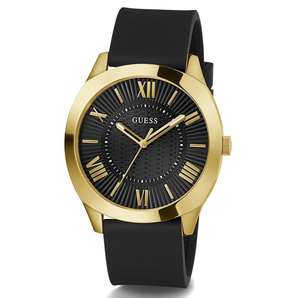GUESS GW0728G2 Quartz Men’s Gold-Tone Analog Watch with Black Dial & Silicone Strap