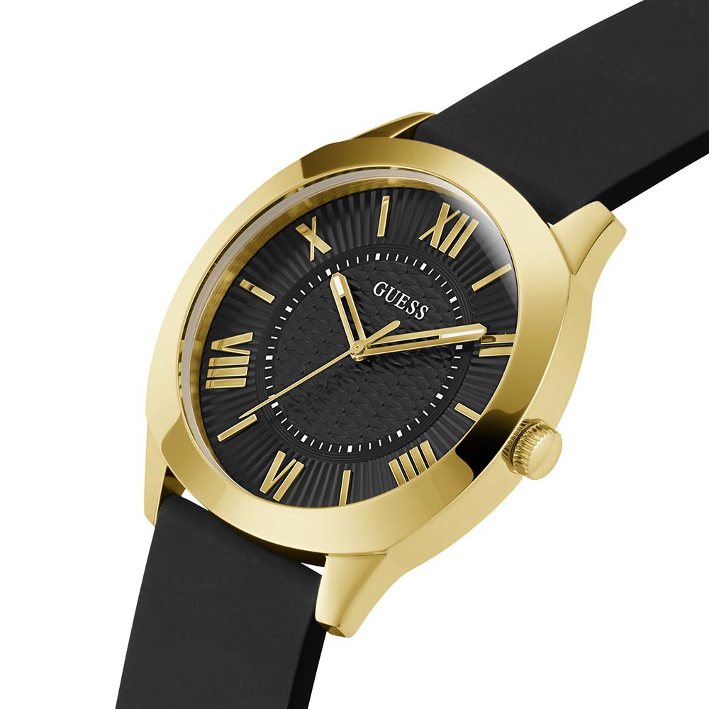 GUESS GW0728G2 Quartz Men’s Gold-Tone Analog Watch with Black Dial & Silicone Strap