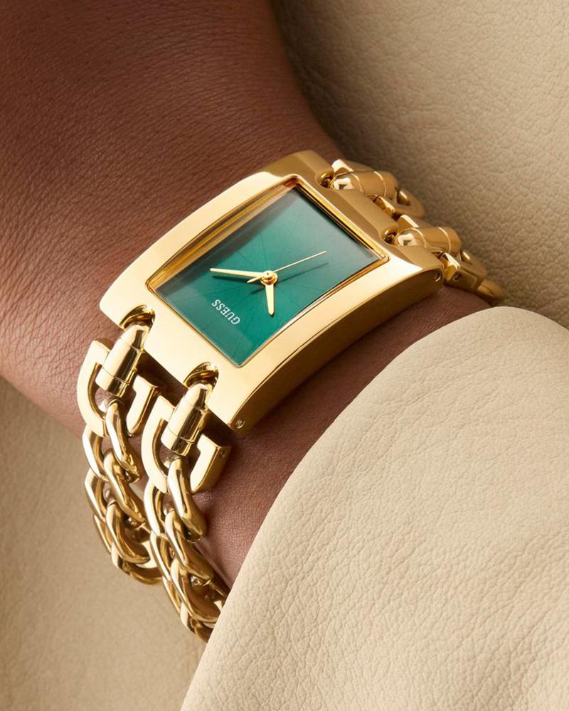 GUESS GW0740L2 Mod Heavy Metal Women's Quartz Analog Watch Green Dial Gold-Tone Stainless Steel Bracelet