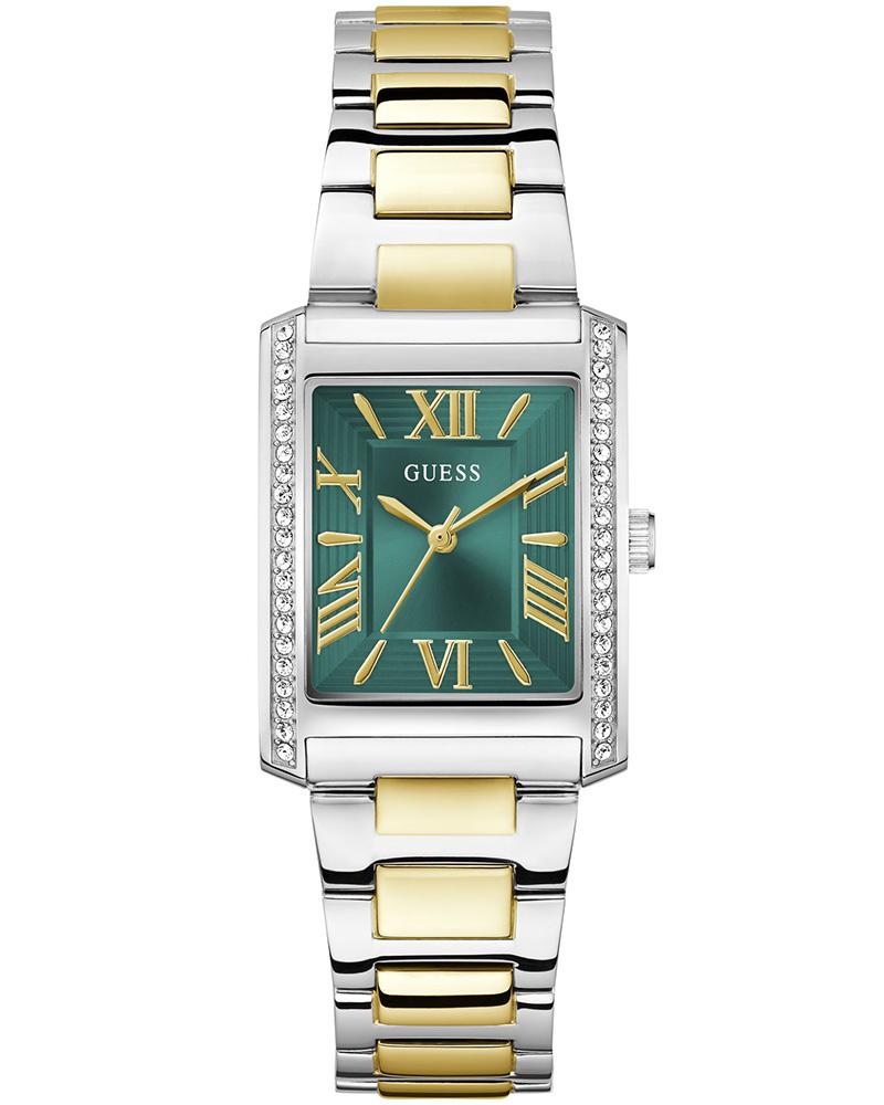GUESS GW0874L2 Quartz Women’s Bonnie Two-Tone Crystal-Accent Square Analog Watch with Green Dial & Stainless Steel Strap