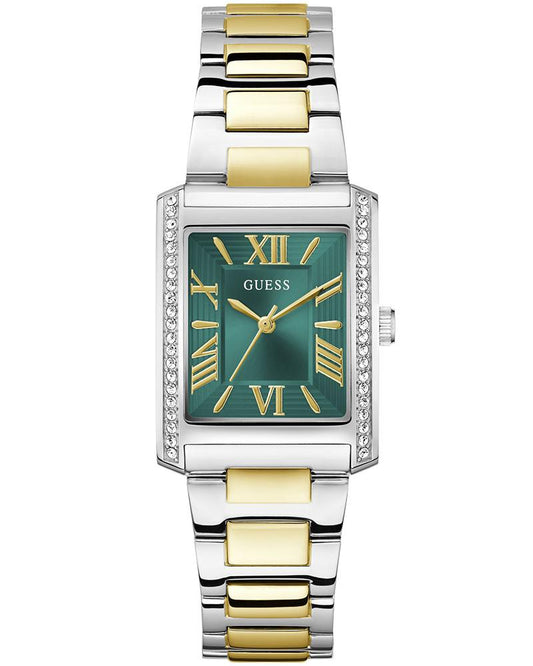 GUESS GW0874L2 Quartz Women’s Bonnie Two-Tone Crystal-Accent Square Analog Watch with Green Dial & Stainless Steel Strap