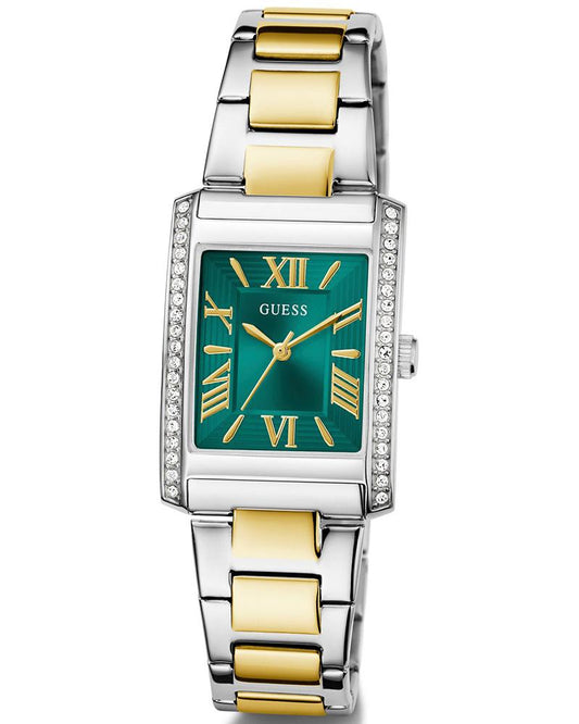 GUESS GW0874L2 Quartz Women’s Bonnie Two-Tone Crystal-Accent Square Analog Watch with Green Dial & Stainless Steel Strap
