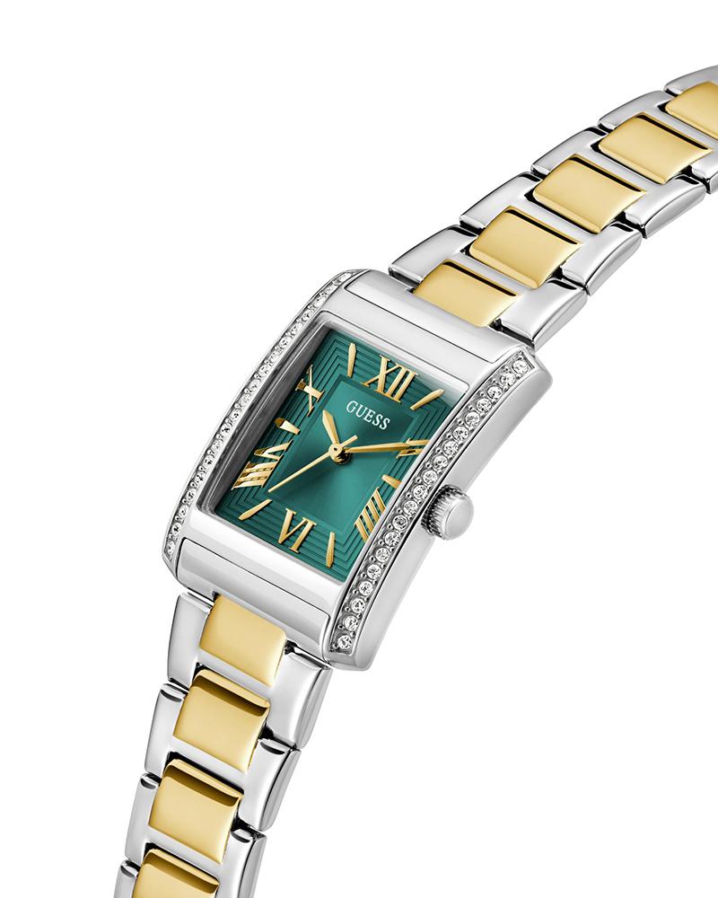 GUESS GW0874L2 Quartz Women’s Bonnie Two-Tone Crystal-Accent Square Analog Watch with Green Dial & Stainless Steel Strap