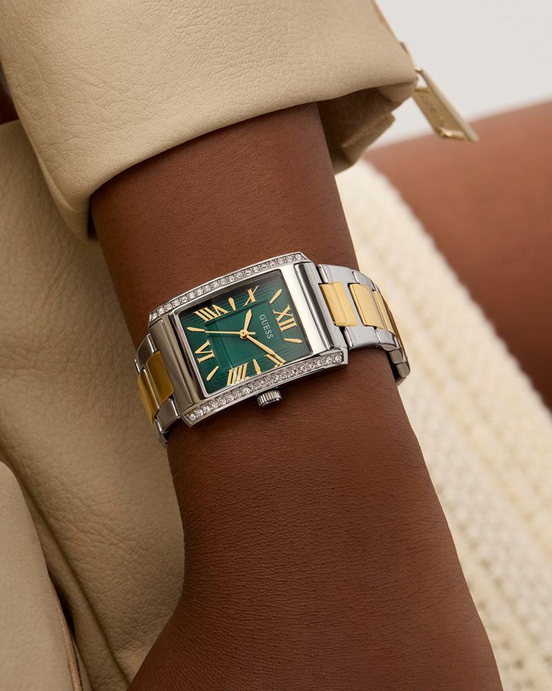 GUESS GW0874L2 Quartz Women’s Bonnie Two-Tone Crystal-Accent Square Analog Watch with Green Dial & Stainless Steel Strap