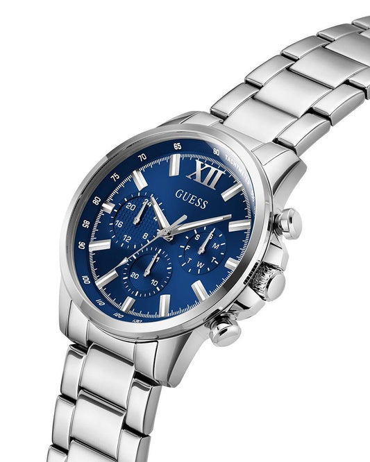 Guess GW0900G4 Silver-Tone And Blue Multifunction Analog Quartz Watch For Men