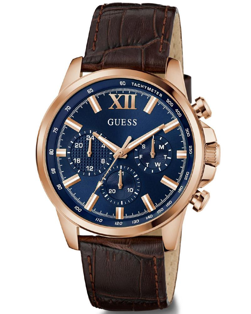 Guess GW0901G3 Men's Quartz Multifunction Watch Blue Dial Brown Leather Strap