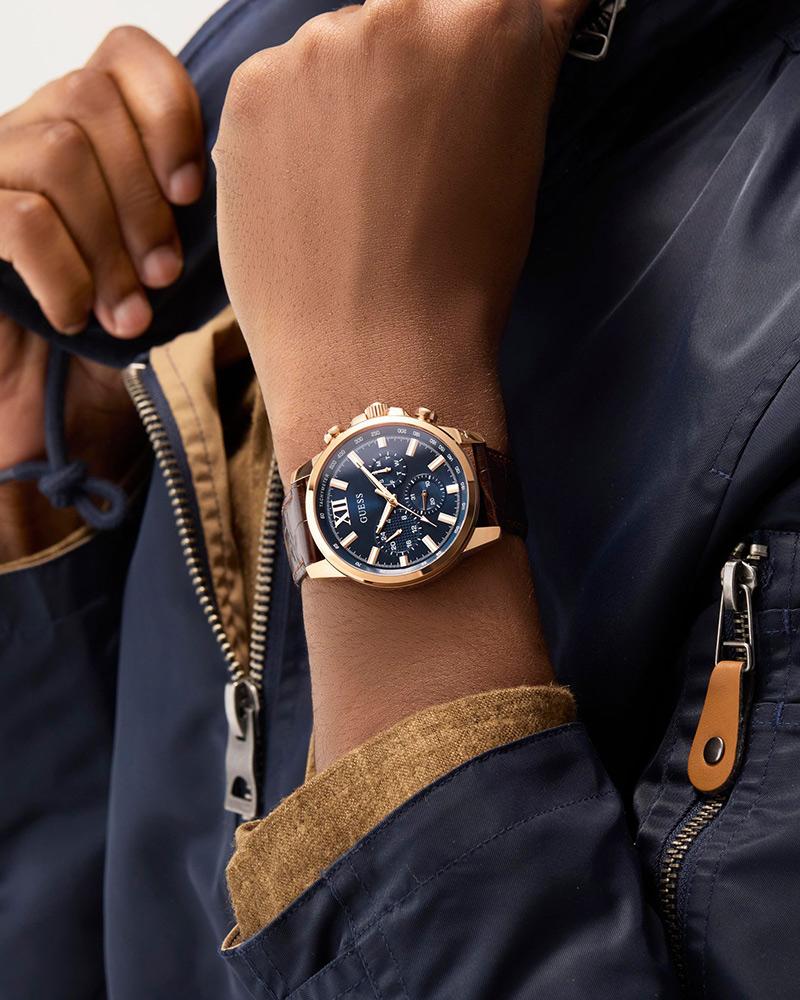 Guess GW0901G3 Men's Quartz Multifunction Watch Blue Dial Brown Leather Strap