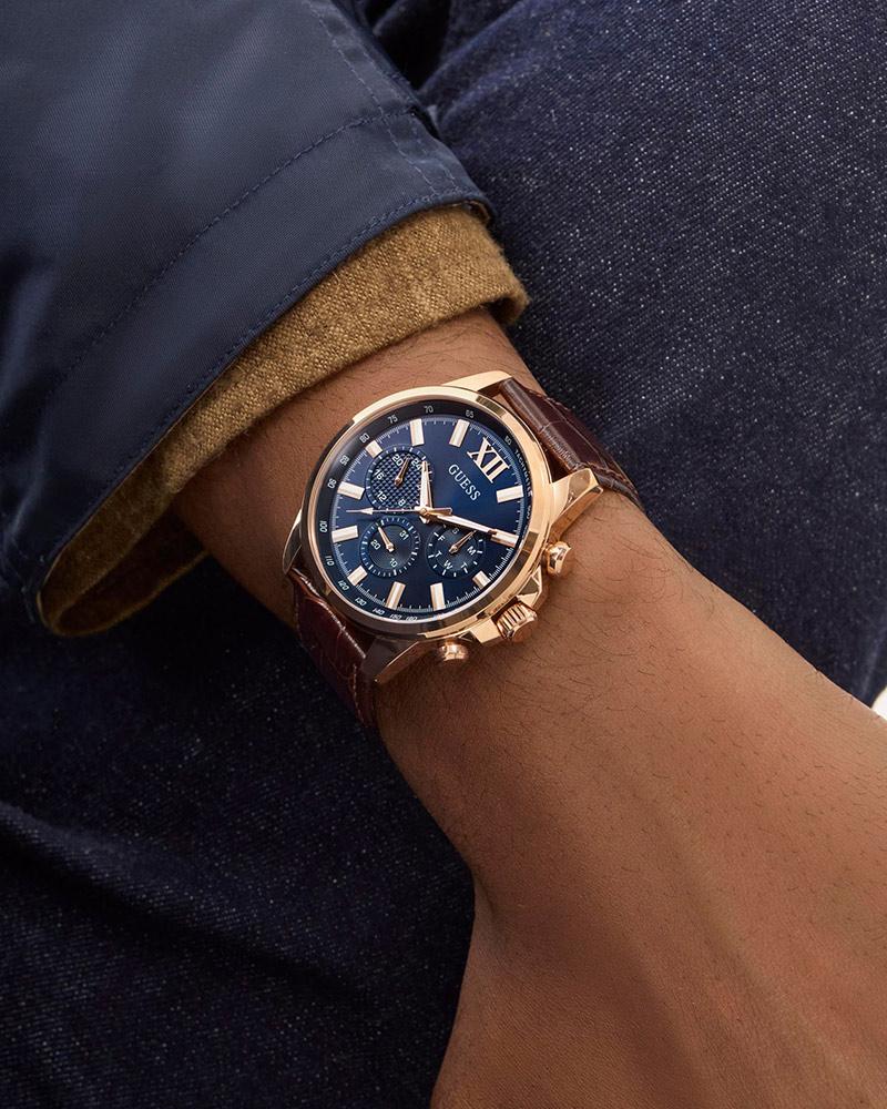 Guess GW0901G3 Men's Quartz Multifunction Watch Blue Dial Brown Leather Strap