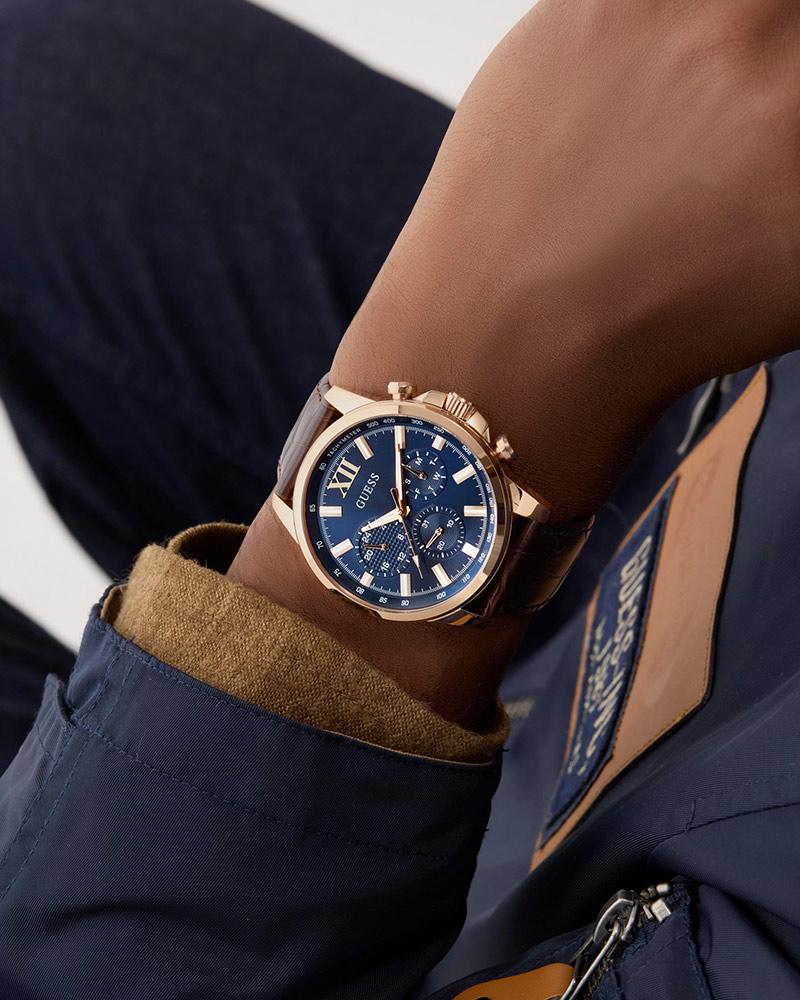 Guess GW0901G3 Men's Quartz Multifunction Watch Blue Dial Brown Leather Strap