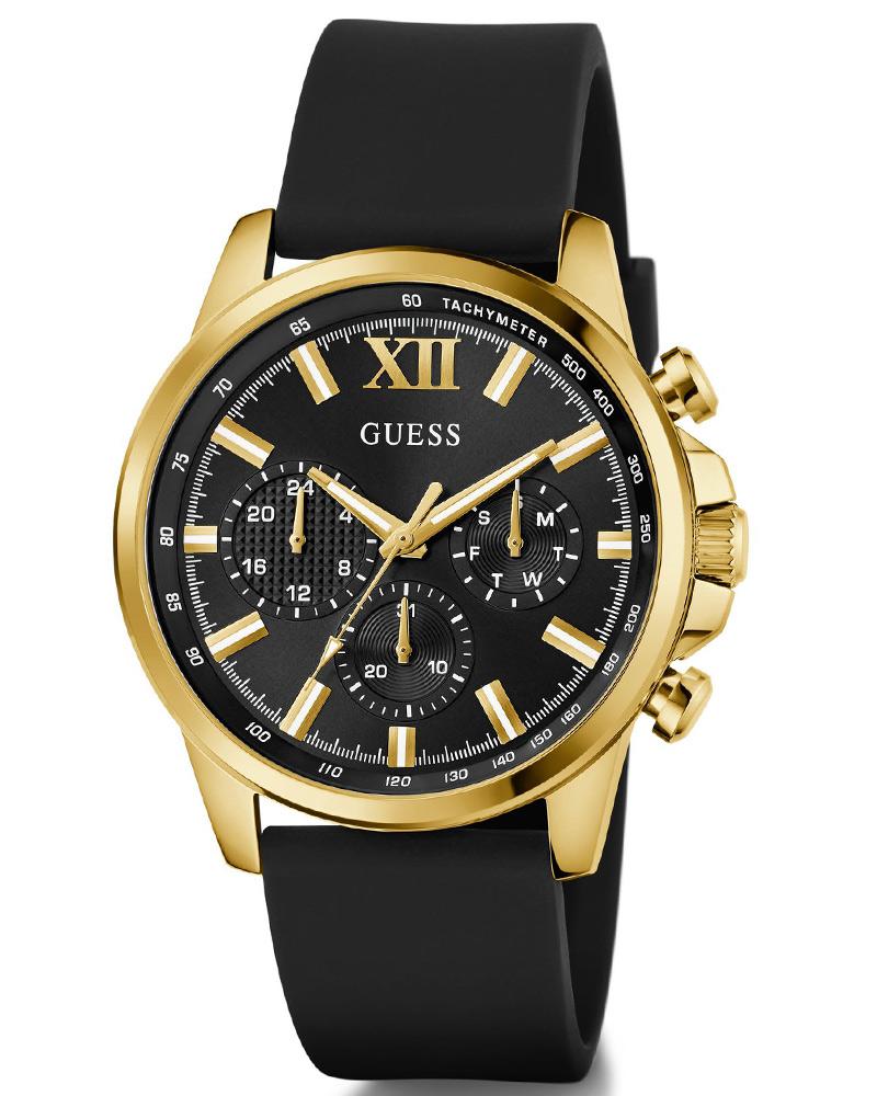 GUESS GW0913G2 Quartz Men’s Walker Black & Gold-Tone Multi-Function Analog Watch with Black Silicone Strap