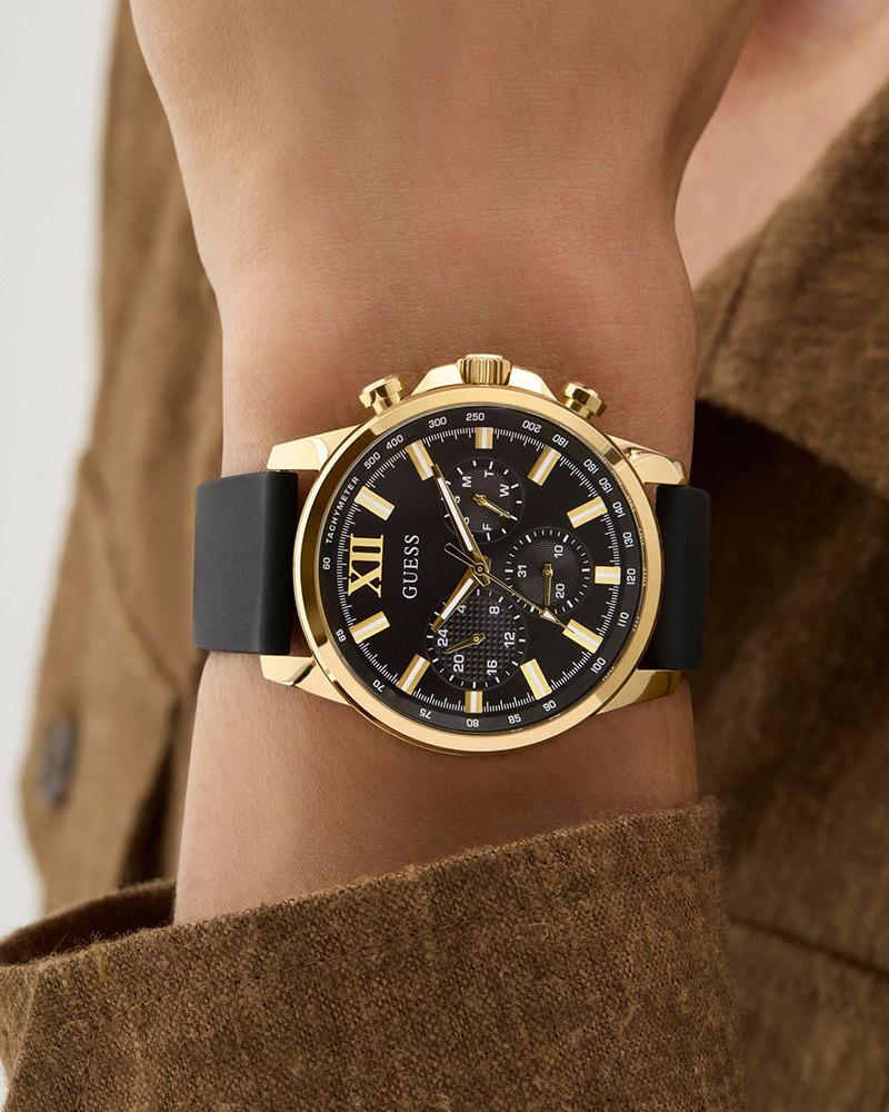 GUESS GW0913G2 Quartz Men’s Walker Black & Gold-Tone Multi-Function Analog Watch with Black Silicone Strap