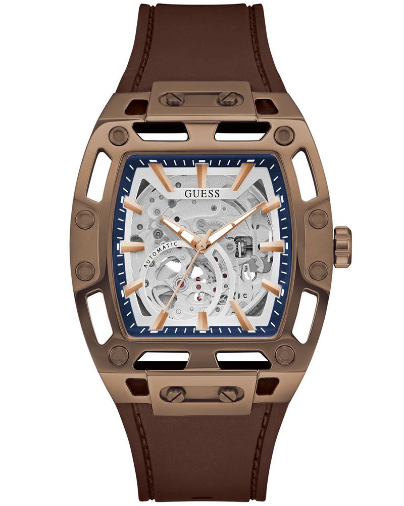 Guess GW0980G3 Men Automatic Silver Dial Brown Silicone Strap Rectangle Watch