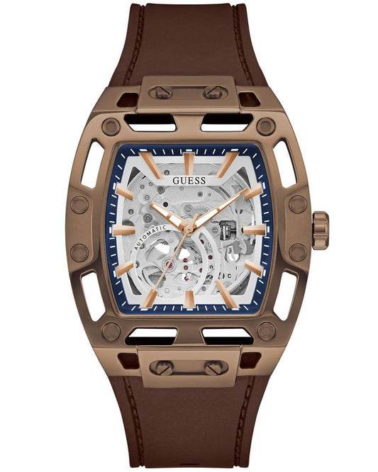 Guess GW0980G3 Men Automatic Silver Dial Brown Silicone Strap Rectangle Watch