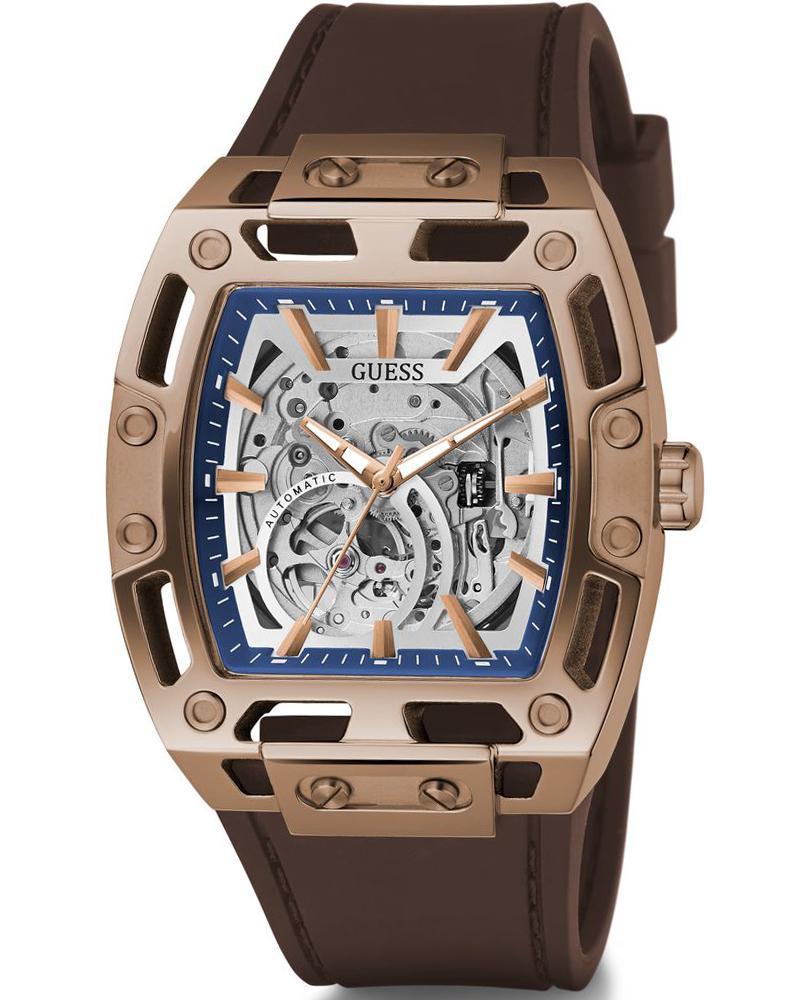 Guess GW0980G3 Men Automatic Silver Dial Brown Silicone Strap Rectangle Watch