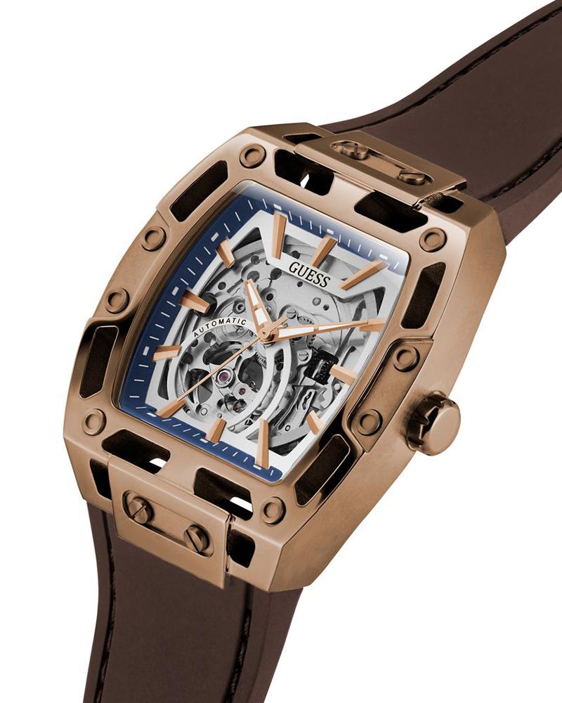 Guess GW0980G3 Men Automatic Silver Dial Brown Silicone Strap Rectangle Watch