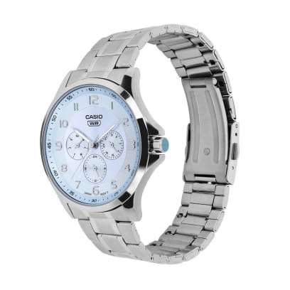Casio A2451 Analog Quartz Men’s Enticer Watch | Blue Dial | Silver Stainless Steel Strap | 50 m Water Resistant